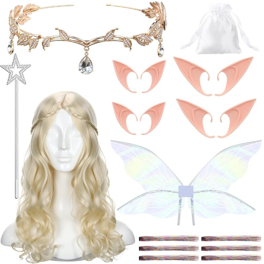 Fairy Costume Set Blonde Elf Wig Wings Crown For Halloween Cosplay